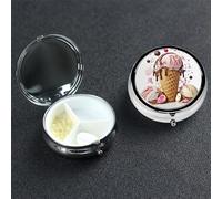 Ice Cream Pill Box with Mirror 3 Compartment Decorative Pill Case for Purse or Pocket Small Round Pill Organizer Weekly Metal Medicine Tablet Vitamin Holder Travel Gift