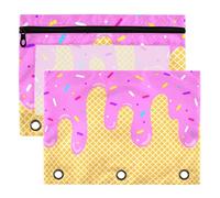 Ice Cream Pink Purple Binder Pouches 3 Ring for Boys Girls School Office College Supplies Waffle Cone Candy Pencil Pouches Case Bag with Clear Window and Zipper 2 pack