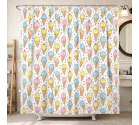 Ice Cream Shower Curtain, Summer Playful Cone Stars Summer Pastel Waterproof Fabric Clawfoot Tub Shower Curtains for Bathroom Bathtub Apartment Decor 62x72 Inch