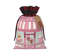 Ice Cream Store Pink Christmas Gift Bags with Tags & Ribbon Ties, Xmas Drawstring Candy Treat Bag Buffalo Plaid Christmas Gifts Sacks Reusable Gift Wrapping Bags for Holiday Party Favors Small