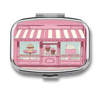 Ice Cream Store Pink Pill Organizer with 2 Compartments Metal Square Pill Case Small Pill Box Portable Medicine Box Slim Travel Pill Container Medicine Organizer for Daily Use