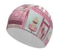 Ice Cream Store Pink Swim Caps for Short & Long Hair Fashion Durable High Elasticity Swimming Caps Comfortable Bathing Cap Non-Slip Breathable Swim Hats for Swimmers&Gifts