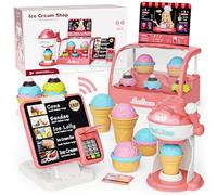 Ice Cream Toys Set, Pretend Play Shop Store, Ice Cream Counter with Light, Ice Cream Maker Playset, Cashier Toy with Sound, Kitchen Accessories Fake Food&Card, Gift for Toddlers Girls Boys 3+