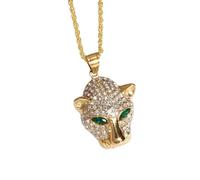 Ice Crystal Zirconia Green Eyes Leopard Head Pendant Beast Animal Necklace Men's Hip Hop Rock Jewellery Gift,Gold-Color