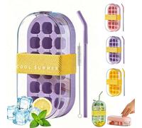 Ice Cube Bottle, 2-in-1 Water Bottle with Built-in Ice Cube Tray and Straw, Portable Leakproof ICES Mold, Press to Release, Reusable for Freezer, Summer Drinks, Coffee, Juice (Purple)