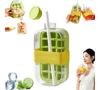 Ice Cube Bottle with Straw, 2 in 1 Water Bottle Ice Cube Tray, Ice Cube Tray with Lid, One-Touch Ice Release & No Touching, for Freezer, Coffee, Juice, Beverage (21.7 * 10.8cm Green 800ml)