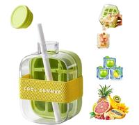 Ice Cube Bottle with Straw,2 in 1 Water Bottle Ice Cube Tray with Lid and Bin,One-Touch Ice Release & No Touching,Ice Cube Making Bottle for Freezer,Coffee, Juice,and Beverages (green-500ml)