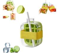 Ice Cube Bottle with Straw, 2 in 1 Water Bottle Ice Cube Tray with Lid and Bin, Portable IceCube Making Bottles, Touch-Free IceCube Tray, Ice Mold for Freezer,Coffee, Juice,and Beverages (Green 500ML)