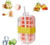 Ice Cube Bottle with Straw, 2 in 1 Water Bottle Ice Cube Tray with Lid and Bin, Portable Icecube Making Bottles, Touch-Free Icecube Tray, Ice Mold for Freezer,Coffee, Juice,and Beverages (Pink 800ML)