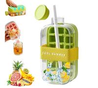 Ice Cube Bottle with Straw, 800ML 2 in 1 Touch-Free Ice Cube Tray Water Bottle with Lid and Bin, Ice Cube Moulds Ice Cube Drinking Bottle for Freezer, Coffee, Juice, and Beverages (Green)