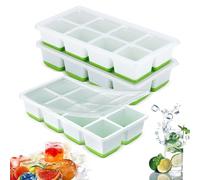 Ice Cube Moulds, 3Pcs Silicone Ice Cube Tray, 8 Square Icecube Tray with Lid Silicone Icemolds for Baby Food Freezer Cocktails Whiskey Juice Coffee Any Drinks (Green)