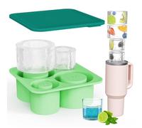 Ice Cube Tray Mold with Lid for Stanley Cup 14-40Oz Tumbler, 4 Hollow Cylinder Ice Cube Molds Ice Mold with Lid and Bin for Chilling Cocktails Whiskey Drinks Coffee,with Stainless Steel Clip (Green)