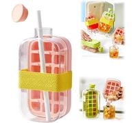 Ice Cube Tray Water Bottle with Straw, 2 in 1 Touch-Free Ice Cube Tray Water Bottle, Ice Cube Making Bottle, Easy to Carry, Suitable for Refrigerator, Coffee, Juice and Drinks(Pink,800ML)