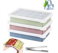 Ice Cube Tray with Lid and Tong, 3 Packs 45 Cubes, Silicone Ice Cube Moulds Trays Large Reusable for Cocktail, Drinks & Baby Food, Freezer, Souper (Pink+Blue+Green) Easy Release Non-Stick Stackable