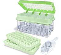 Ice Cube Tray with Lid, Large Square Ice Cube Maker 64 Pcs Ice Cubes with Storage Bin, Easy Release Ice Tray for Cocktail Whiskey, Ice Moulds 2 Trays 1 Ice Bucket & Scoop BPA Free (Green)
