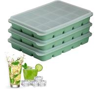 Ice Cube Trays Set of 3, Easy Release 15 Flexible Silicone Ice Cube Molds with Removable Lid Reusable Freezer Ice Trays Stackable for Whiskey, BPA Free (Olive Green)