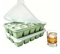 Ice Cube Trays with Lid - Flexible Easy Release Silicone Ice Cube Molds - Stackable Freezer Tray for Kitchen, Cocktail, Coffee, Whiskey, 15 Cubes Green 2 Pack