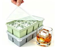 Ice Cube Trays with Lid - Large All Silicone Big Ice Cube Molds for Whiskey & Cocktails - Easy Release, Slow-Melting, Stackable Freezer Tray for Kitchen, Coffee - 8 Cubes (Green+Blue) 2 Packs)