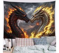 Ice Fire Twin Dragons Tapestry Wall Hanging Twin Dragons Lightning Wall Tapestry for Bedroom Living Room, Fantasy Animals Backdrop Pop Tapestries for Party Photo College Dorm Home Decor, 150 x 130 cm