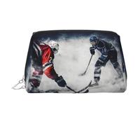 Ice Hockey Art Makeup Bag for Women Cosmetic Bags Leather Travel Makeup Case Organizer Waterproof Make up Pouch Open Flat Toiletry Bag Portable Storage Pouch for Travelling, Silver, One Size