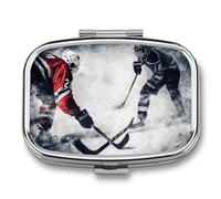 Ice Hockey Art Pill Box - 2 Compartment Travel Pill Organizer with Small Mirror, Portable Pillcase for Pocket & Purse, Cute Square Medicine Case, Weekly Medicine Container
