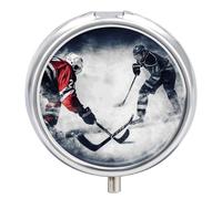 Ice Hockey Art Pill Box - 3 Compartment Travel Pill Organizer with Small Mirror, Portable Pillcase for Pocket & Purse, Cute Round Medicine Case, Weekly Medicine Container