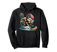 Ice Hockey Beaver With Helmet Stick And Puck Action Pullover Hoodie