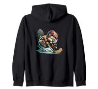 Ice Hockey Beaver With Helmet Stick And Puck Action Zip Hoodie