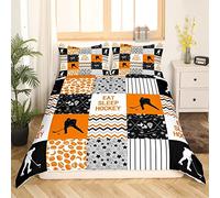 Ice Hockey Bedding Set Ice Hockey Player Comforter Cover Double Size Winter Puck Sports Duvet Cover Geometric Stripes Lines Bed Set For Kids Boys Teens Adult Room Decor Orange