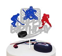 Ice Hockey Cake Topper Happy Birthday Sign Cake Decorations Puck Theme for Kids Girl Boy Man Women Birthday Party Supplies Sliver Glitter Double Sided