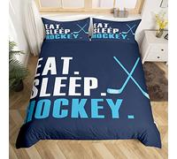 Ice Hockey Comforter Cover Set Hockey Sports Event Bedding Set for Boys Girls Women Men Blue Eat Sleep Hockey Bedding Duvet Cover Set Winter Sports Hobby Double Size Bedspread Cover 3Pcs