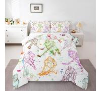Ice Hockey Comforter Set, Hockey Player Bed Sets Twin, Colorful Watercolor European Sport Down Comforter for Kids Girls Boys Competitive Games Teamwork Duvet Insert, Winter Sports Bedroom Decor