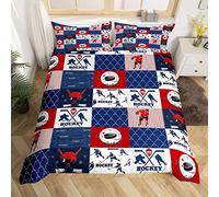 Ice Hockey Duvet Cover Double Size,Geometric Check Patchwork Stylish Comforter Cover for Adults Kids Bedroom Decor,Athlete Winter Sports Theme Decorative Soft Bedding Set 2 Pillowcases,No Comforter