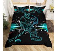 Ice Hockey Duvet Cover Ice Sports Games Print Bedding Set Hockey Player Neon Color Comforter Cover for Boys Girls Children Teens Bedroom Puck Hockey Bedspread Cover Single Bedding Collection 2Pcs