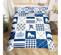 Ice Hockey Duvet Cover Set King Size,Canada Maple Leaf Blue White Plaids Patchwork Bedding Set,Sports Hockey Stick Athelete Skating Shoes Comforter Cover(No Filler) for Young,3 Pcs