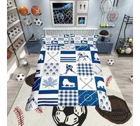 Ice Hockey Duvet Cover Set Single Size,Canada Maple Leaf Blue White Plaids Patchwork Bedding Set,Sports Hockey Stick Athelete Skating Shoes Comforter Cover(No Filler) for Kids,2 Pcs
