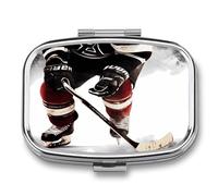 Ice Hockey Pattern Pill Organizer with 2 Compartments Metal Square Pill Case Small Pill Box Portable Medicine Box Slim Travel Pill Container Medicine Organizer for Daily Use
