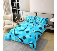 Ice Hockey Super King Size Duvet Cover Set Cartoon Hockey Stick Bedding 3D Soft Comfort Microfiber Quilt Cover 220x260 cm with Zipper Closure and 2 Pillowcases for Kids Teenager Adults U.761
