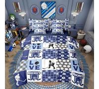 Ice Hockey Twin Comforter Set with Sheets, Teen Boy Ball Sports 7 Piece Bedding Set Hockey Puck Games Bed in a Bag, European Sport Fan Balls Player Room Decor,Blue