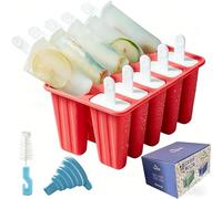 Ice Lolly Mould 10 Pieces Food Grade Silicone Popsicle Mold Easy to Remove Ice Pop Moulds - Reusable Ice Cream Mould BPA Free Ice Lolly Maker with Popsicles Recipes,Cleaning Brush and Funnel (Red)