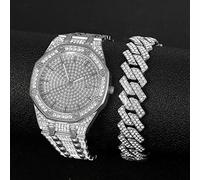 Ice Out Watch Bracelet Women's Men's Watch Big Gold Cuban Chain Set Rhinestone Gold Watch Men's Miami