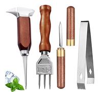 Ice Pick Set of 4 - Stainless Steel Ice Chipper with Wood Handle, Japanese style Ice Crusher Ice Tong ideal for Bars, Bartender. Best Carving Tool (4PCS SET)