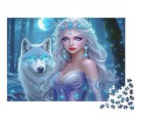 Ice Queen 1000 Piece Jigsaw Puzzle for Adults Moonlit Ice Fairy Standing with Glowing Arctic Wolf Challenging Hard Premium Sturdy Vibrant Stress Relief Family Game 52x38cm/1000pcs