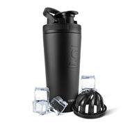 Ice Shaker Stainless Steel Insulated Water Bottle Protein Mixing Cup - Holds Ice for 30+ Hours As Seen On Shark Tank Â€¦ 26oz Black - Black Bands