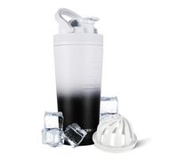 Ice Shaker Stainless Steel Shaker Bottle | 26oz, Black White Ombre | Stays Cold for 30+ Hours | Insulated Cup with Twist-on Agitator | Odor-Free Shaker Cup for Protein Shakes, Water, Smoothies