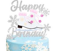 Ice Skating Birthday Cake Topper, Silver Glitter Snowflake Roller Skates, Winter Ice Skating Theme Party Decorations for Kids