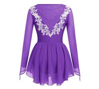 Ice Skating Dress for Women Long Sleeve Figure Skating Costume Rhythmic Gymnastics Leotard Sparkly Chiffon Skirt, Purple Lace, L