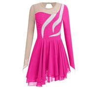 Ice Skating Dress for Women Long Sleeve Figure Skating Costume Rhythmic Gymnastics Leotard Sparkly Chiffon Skirt, Hot Pink, L