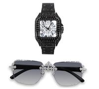 ICE STAR Men’s Iced-Out Triple Cross Set - Frameless Sunglasses & 40mm Iced Square Watch, Bold Hip-Hop Fashion, Ideal Gift for Him, Black, mens-standard