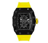 ICE STAR Men's 42mm Tonneau Shape Skeleton Watch, Silicone Band, GUN-YELLOW, mens-standard, Quartz Movement
